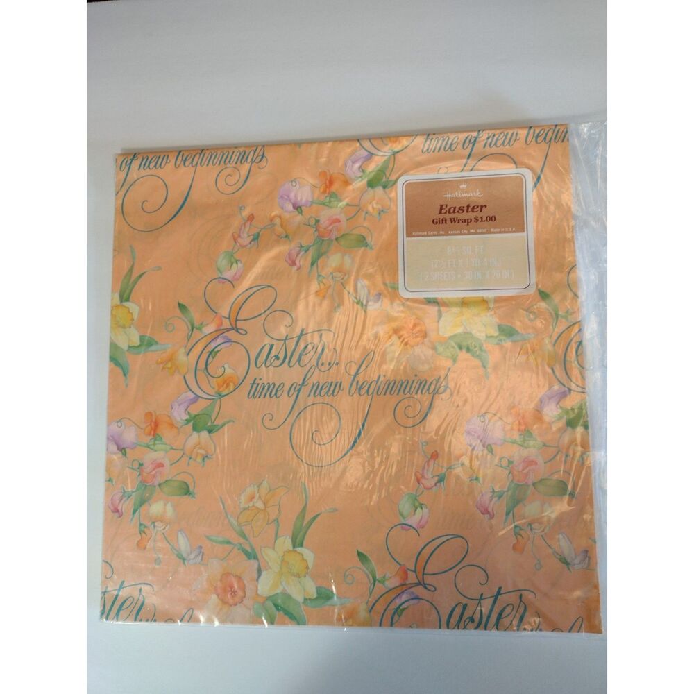 Vintage Hallmark Easter Peach Pastel Floral‎ Daffodil Gift Wrap Wrapping Paper